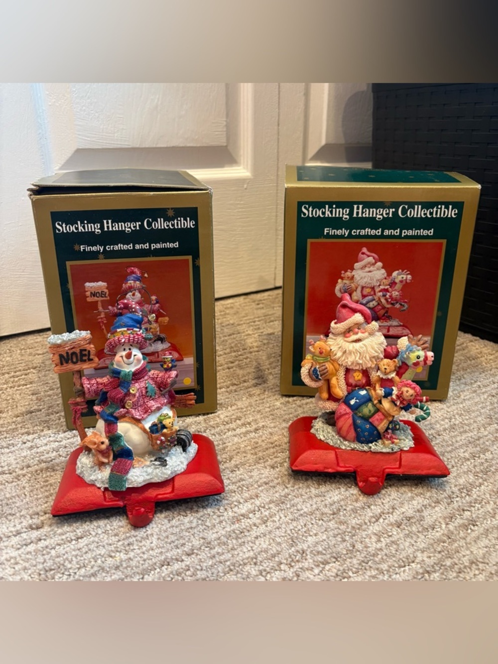 VTG Eluceo Like New Set of 2 Christmas Stocking Hangers Snowman And Santa Claus